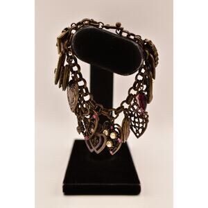 Sweet Romance Vintage Charm Bracelet Heart Locket Crystal Brass Signed BinAD